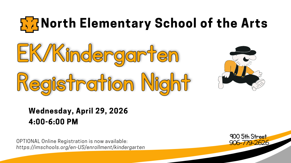 Event flyer for North Elementary School of the Arts EK/Kindergarten Registration Night. The event is Wednesday, April 29, 2026, from 4:00-6:00 PM at 900 5th Street. Includes school logo, a mountaineer mascot, and the website link for optional online registration.